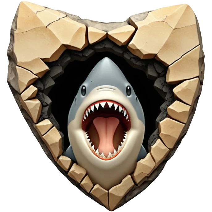 3D render of Shark Tooth, embedded in a chunk of rough sedimentary rock, cracked stone texture, ancient fossil aesthetic, shiny black enamel tooth embedded in beige sand, matte dry finish, Apple emoji style, isolated on white background --v 6.0 emoji