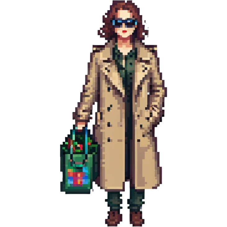 mystery shopper wearing trench coat and sunglasses, holding shopping bag, pixel art style emoji