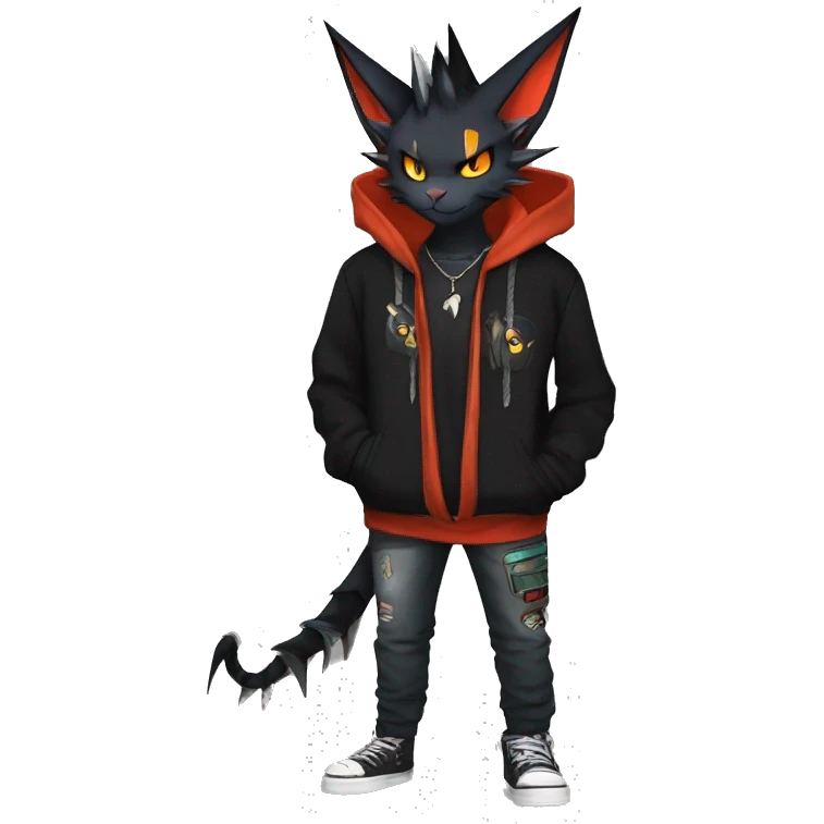 Cool Anthro Black Noivern-Nargacuga-Litten-cat-Pokémon with edgy stripes hoodie spiked collar punk Full Body emoji