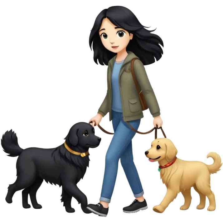 A girl with long black hair walking a black golden retriever emoji