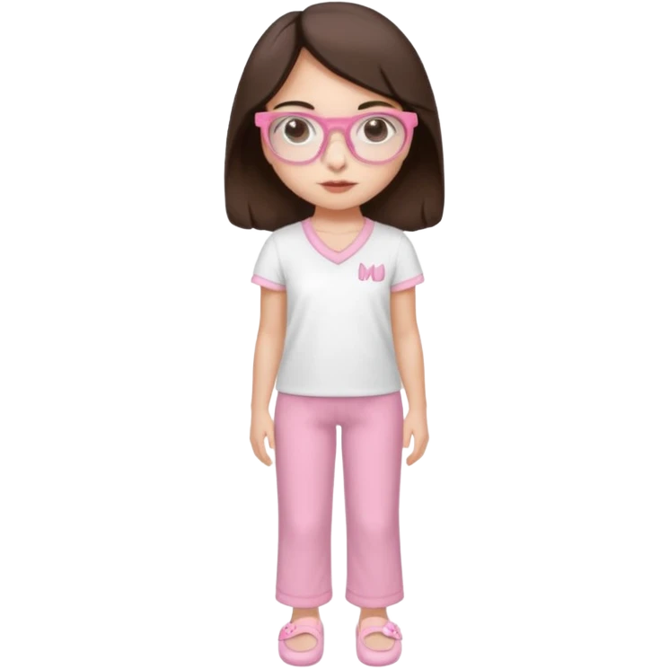 Girl with dark brown hair, light skin, brown eyes, wearing a miu miu glasses the brown ones, and wearing a top in white with a pair of pyjama pants in pink and a slipper in white  emoji