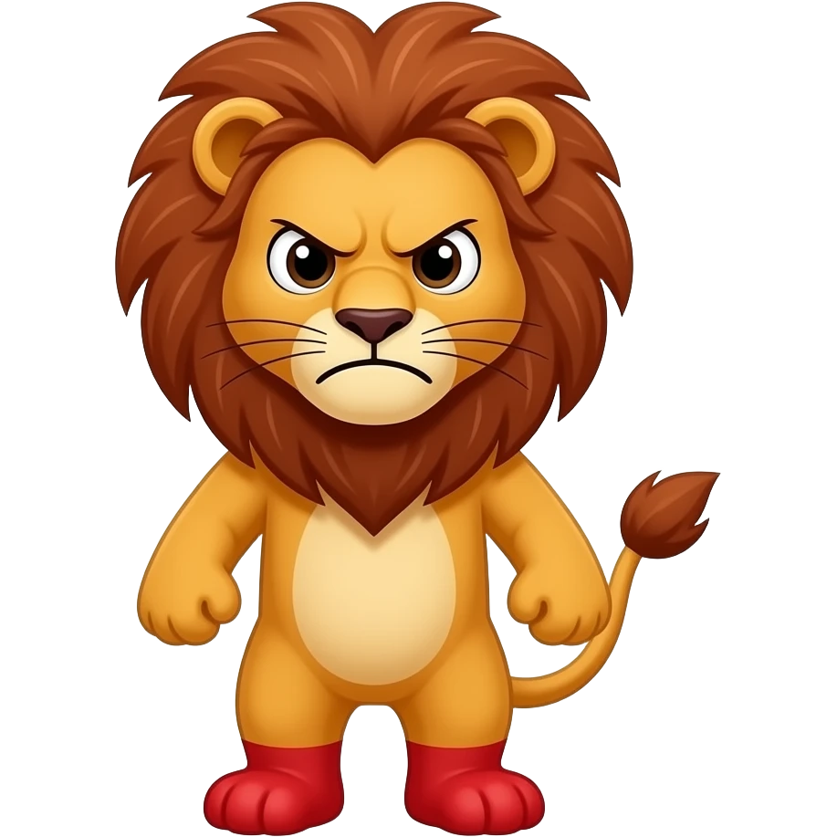 A little red lion standing up, with red legs, a red body, and red arms, looking at us with a very frustrated expression emoji
