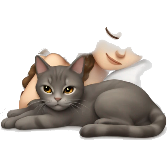 White girl brown hair sleeping with brown gray cat emoji