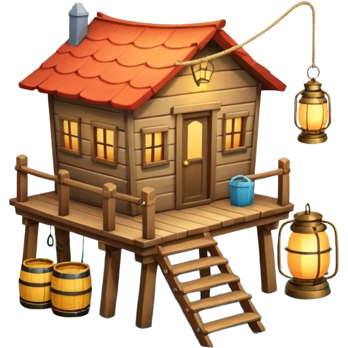 
fisherman house on a wooden pier, small dock, fishing nets hanging, barrels, lantern, ocean vibe, 3D cartoon, cute mobile game icon, clean background, no text
 emoji