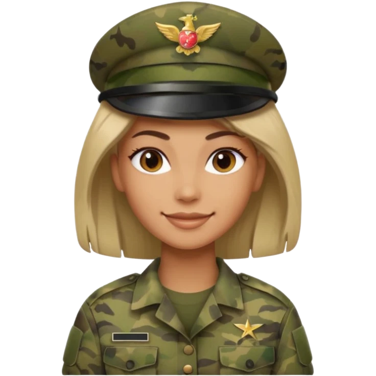 Female soldier emoji in Apple style, no cap/helmet, bust portrait, gentle smile, generic camo, hair visible, soft gradients, transparent PNG emoji