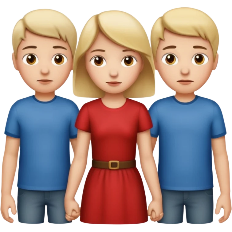 Apple iOS emoji style.
A girl holding hands with two boys at the same time, one on each side.
The girl has a suspicious, guilty expression, slightly turned eyes.
The boys look neutral and unaware.
Clean, minimal Apple emoji design, smooth gradients, rounded shapes. emoji