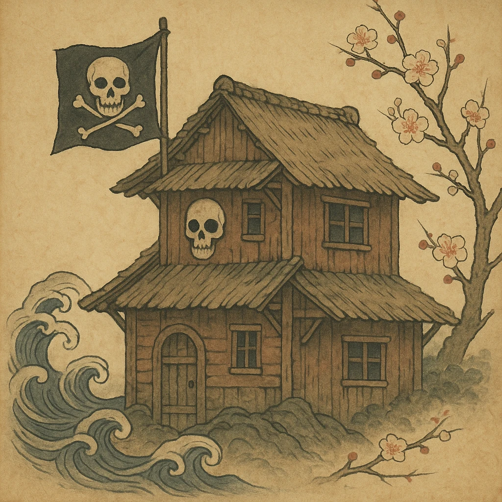 old pirate's house with skull flag emoji