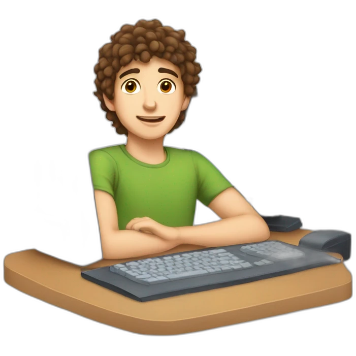17 year old boy with brown hair big bushy eyebrows and face stubble sitting with a computer infront of him emoji
