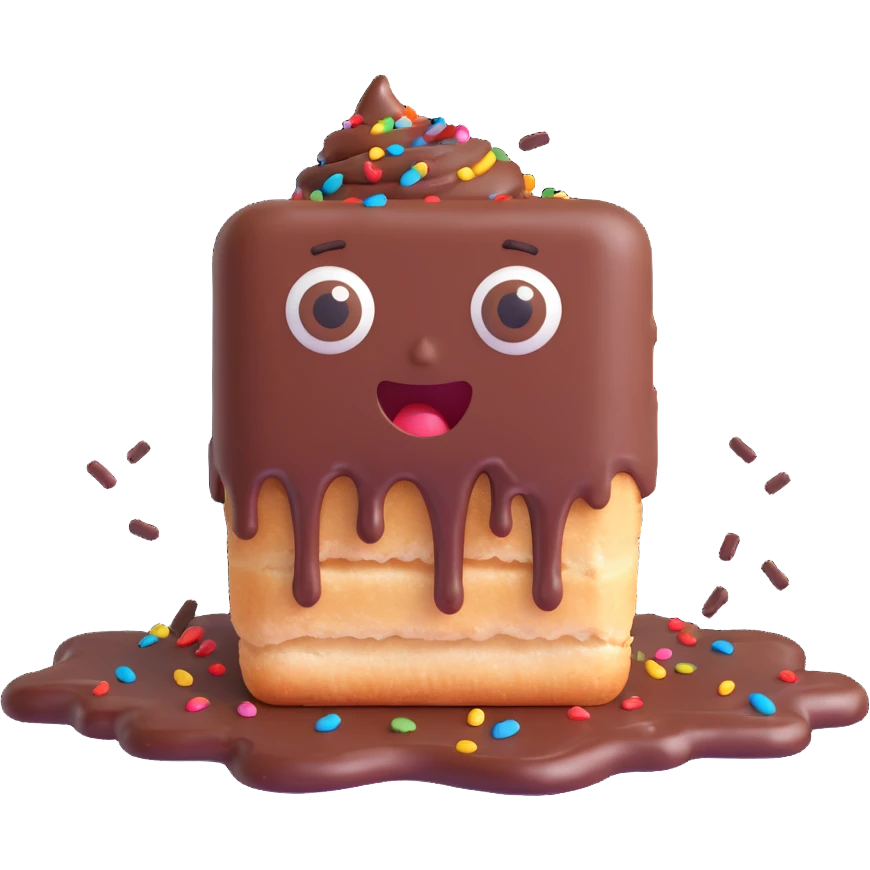 Rectangular chocolate mini pastry, messy chocolate dripping, sprinkles flying, surprised eyes, open mouth, text above: "ПАСТИЧКА", chibi style, Twitch emoji style, transparent background, colorful
 emoji