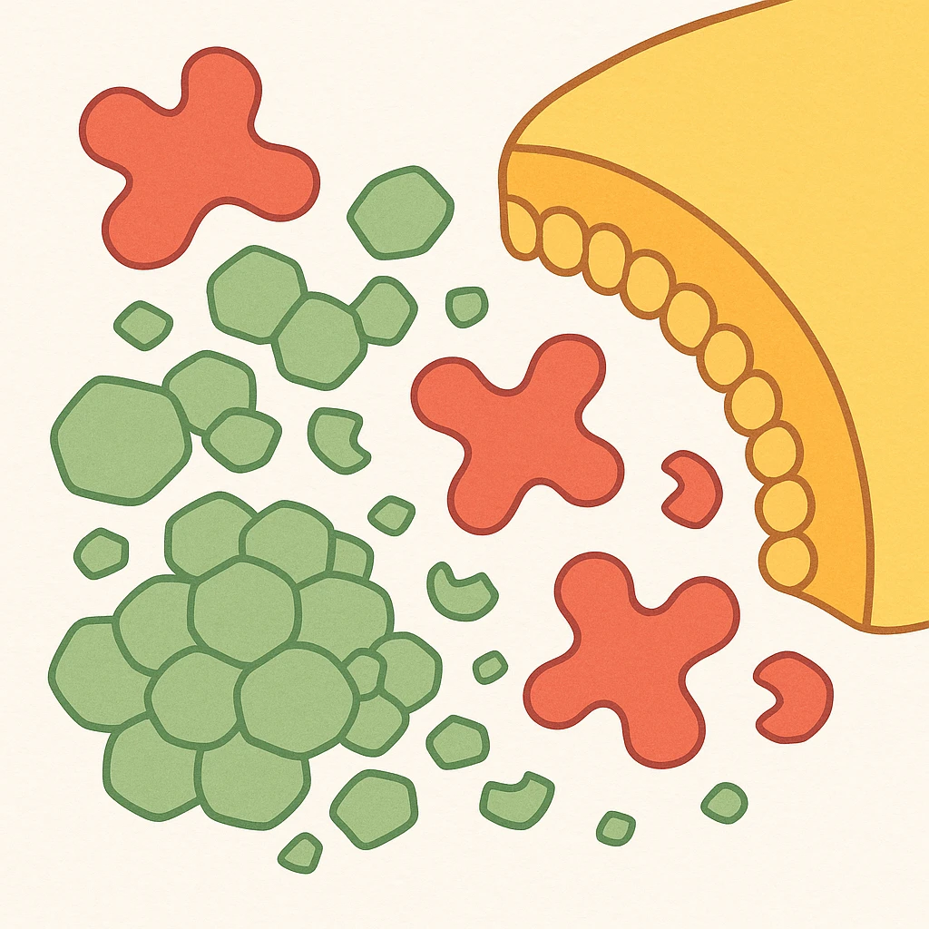 A realistic biological illustration (like in a school book) showing: enzymes (red) breaking down starch (green) near a cell membrane (yellow). Macro photography style. No labels, white background emoji