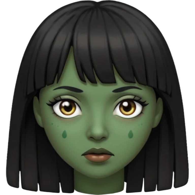 Mulher de franja cabelo preto pele verde bem escuro com a cara machucada com os olhos regalado fundo escuro cabelo longoo emoji