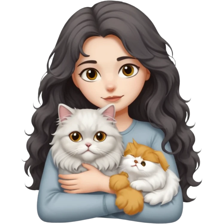 a girl with long dark wavy hair hug a fluffy persian cat with dominant white body and gray on its forehead  emoji