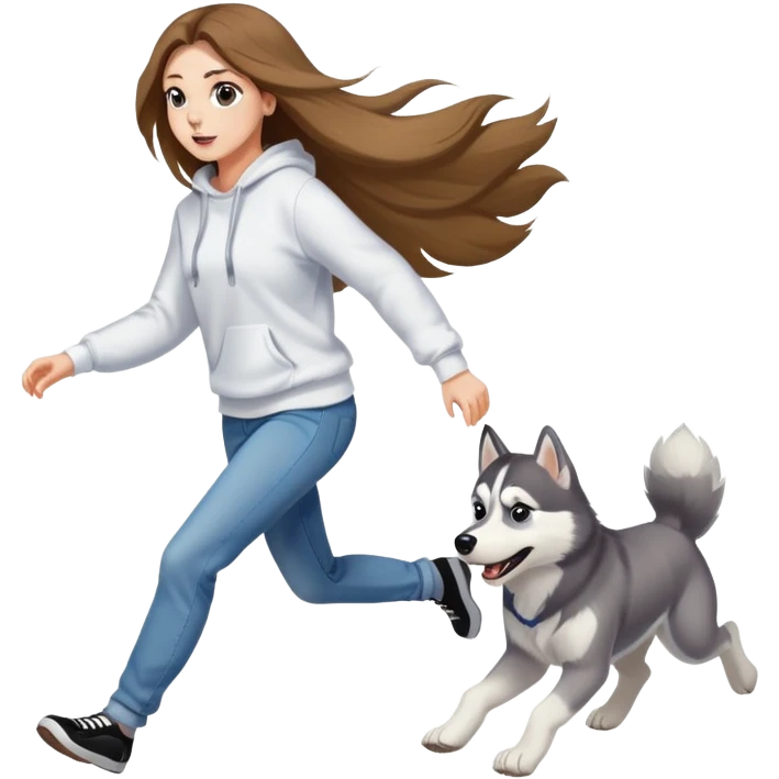 A beautiful girl with long hair wearing a white sweatshirt and jeans is chasing a husky emoji