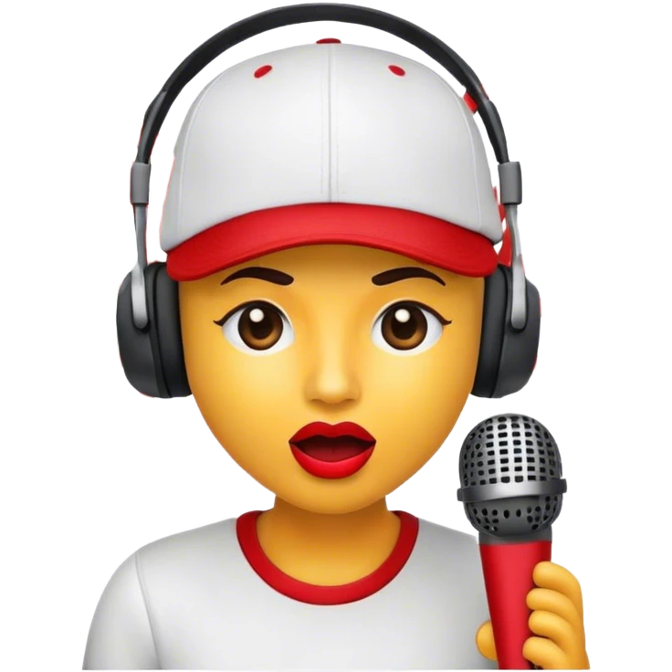 Create a dynamic and energetic emoji that represents beatboxing. The design should feature a stylized microphone and baseball cap on it, with lips and sound waves emanating from it , symbolizing vocal percussion and rhythm. Add elements like headphones or a subtle speaker to emphasize the music production aspect. Use bold colors like black, white, and red to convey the intensity and creativity of beatboxing. The background should be transparent. emoji
