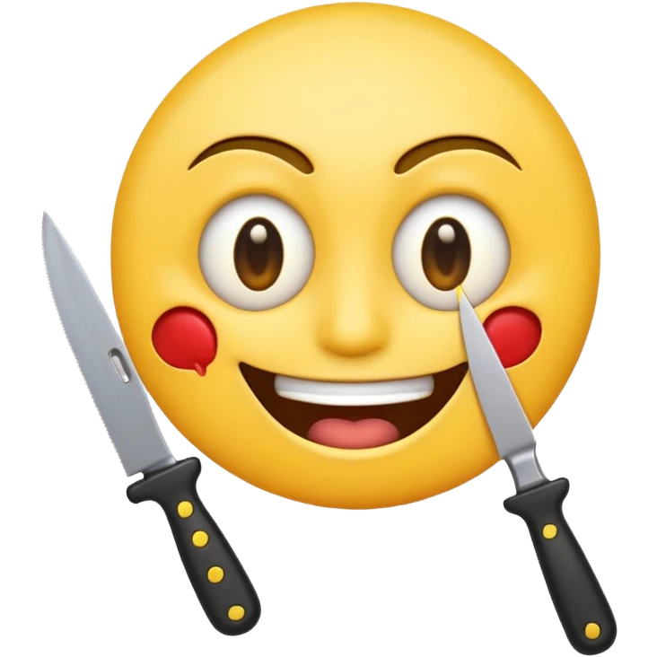 a cartoonish smiling emoji with a knife stuck in its eye, exaggerated expression emoji