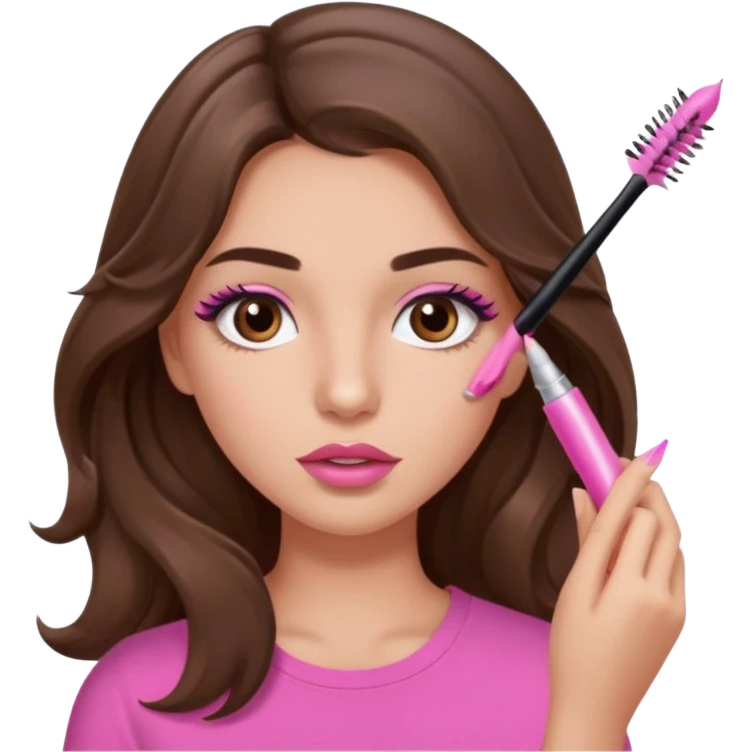 girl with long wavy brown hair, brown eyes, light to medium complexion, in a pink shirt, pink lips, long lashes, puckered lips, putting on mascara emoji
