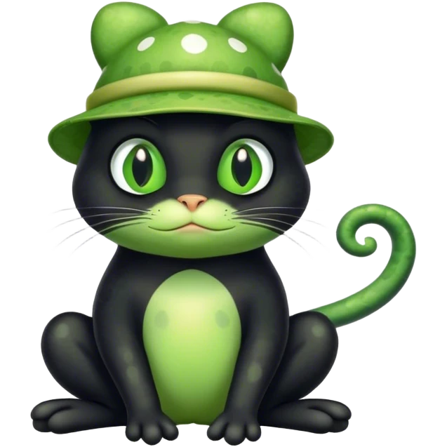 black cat with white spots and green eyes wearing a green frog hat emoji