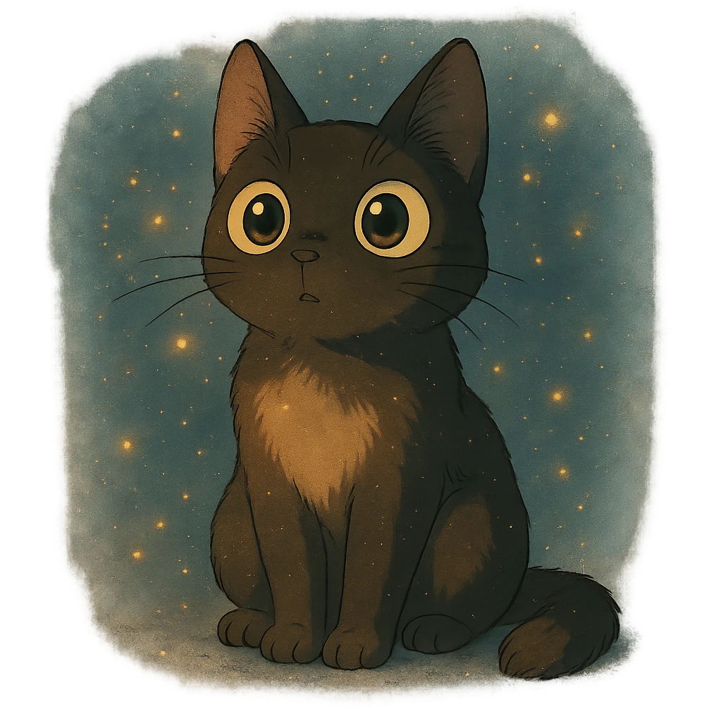 curious cat with big eyes and magical atmosphere in ghibli style emoji