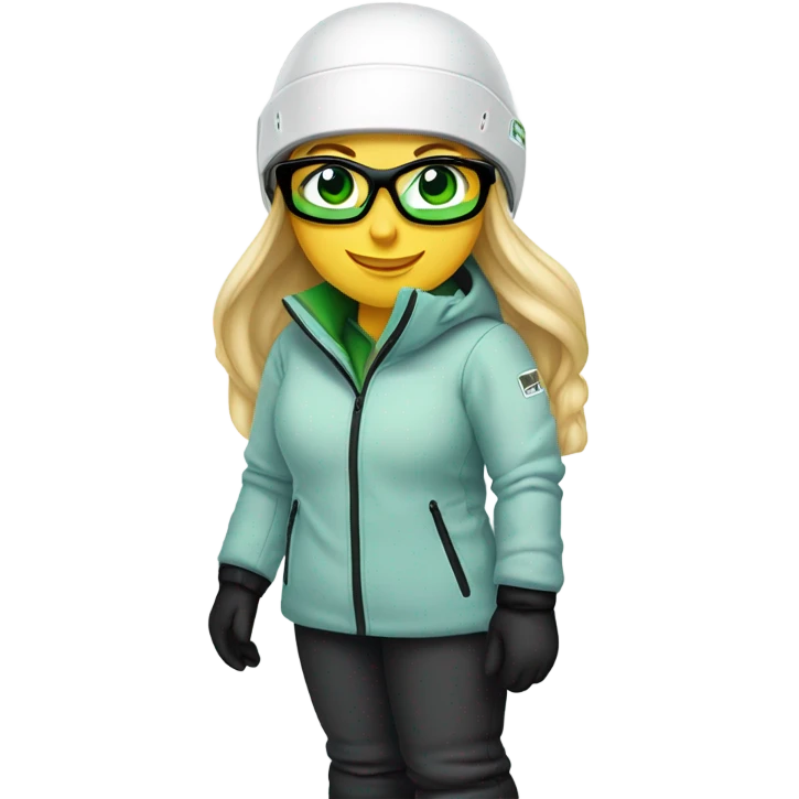Green-eyed, fat female skier with long straight blonde hair, glasses, white ski helmet, grey snow jacket, long black pants, black only snow boots standing tall. emoji