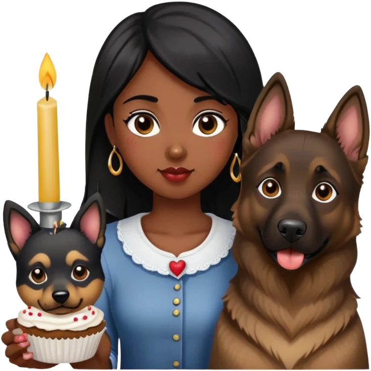 Black hair girl holding cupcake with candle next to german shepherd dog emoji