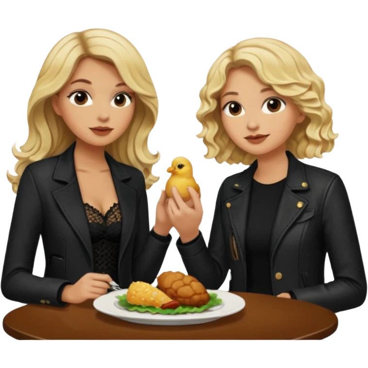 Love tan woman long wavy blonde hair and black lace  with short blonde man Brown shade jacket eating chick filet  emoji