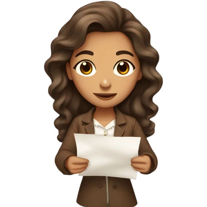 girl with olive skin, brown eyes and brown long wavy hair, an a bow holding papers emoji