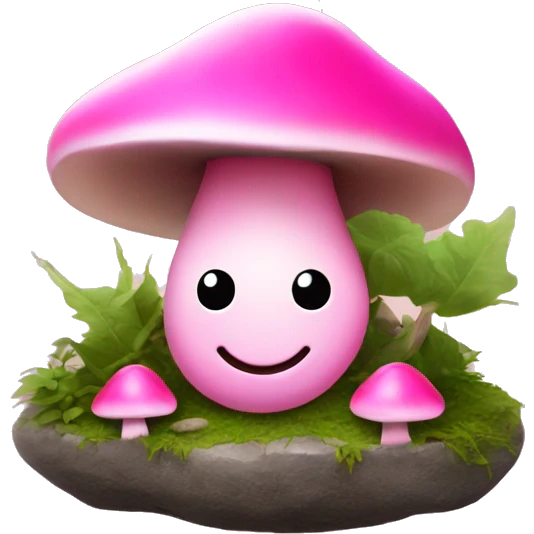 Pink little smiley mushroom man growing between two round rocks emoji