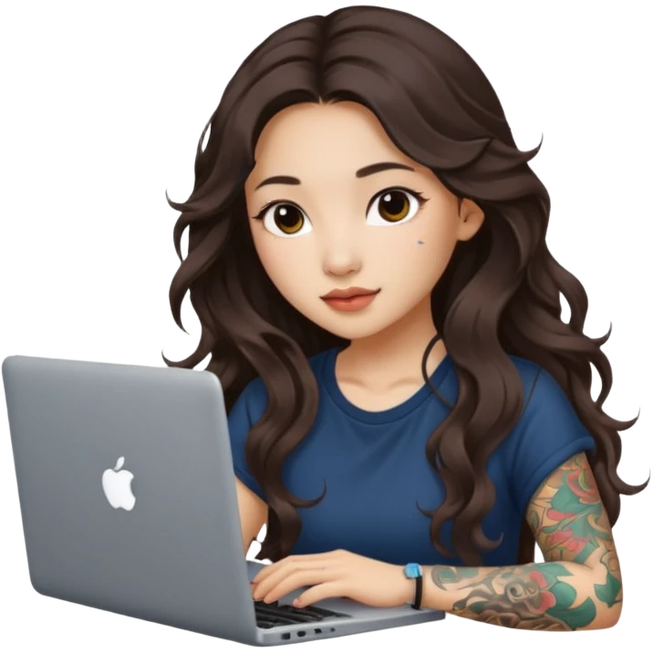beautiful girl, with tattoos, with long brunette hair, wavy hair, chinese, with laptop emoji
