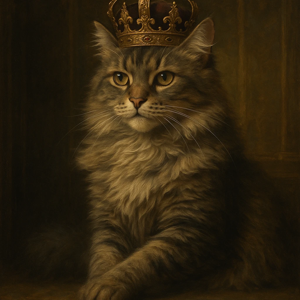 queen cat, regal feline with crown, elegant pose, detailed fur, royal atmosphere emoji