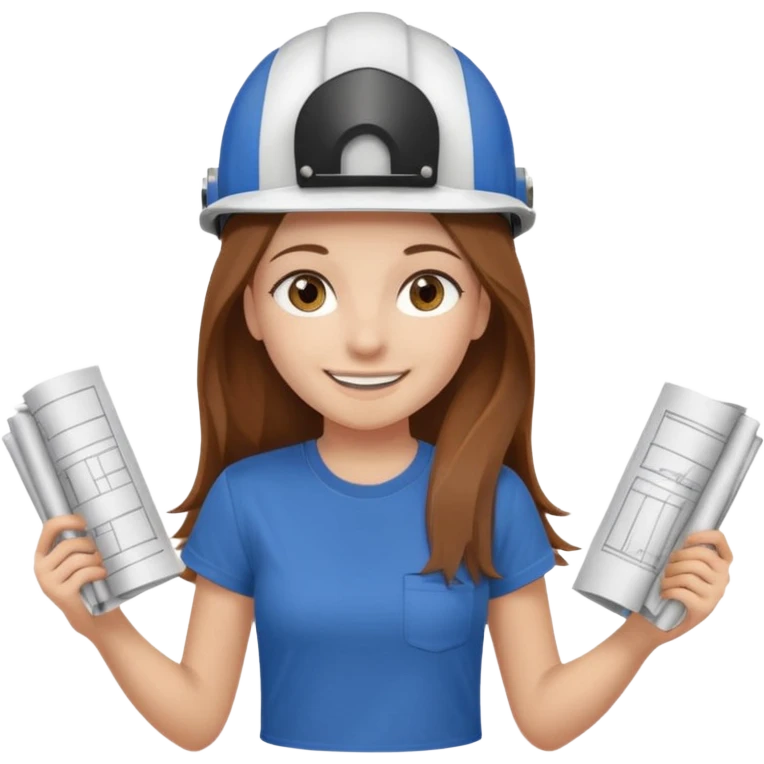 Waist-up girl on a white background wearing a brown Skims t-shirt. She has long, straight chestnut hair down to her waist. Brown eyes, long eyelashes, smiling with braces showing. White helmet with “BUT” written on it. Holding rolled-up blueprints. emoji