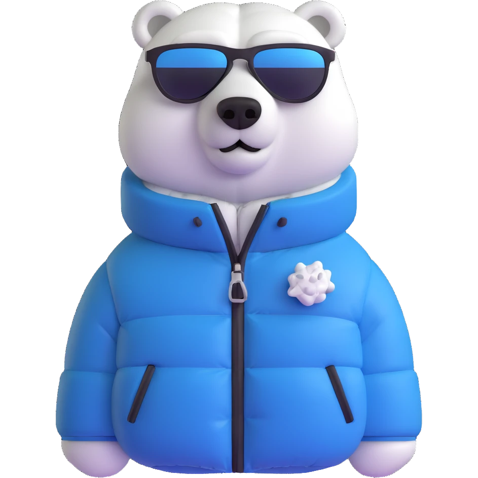 polar bear wearing a white puffer jacket and sunglasses  emoji