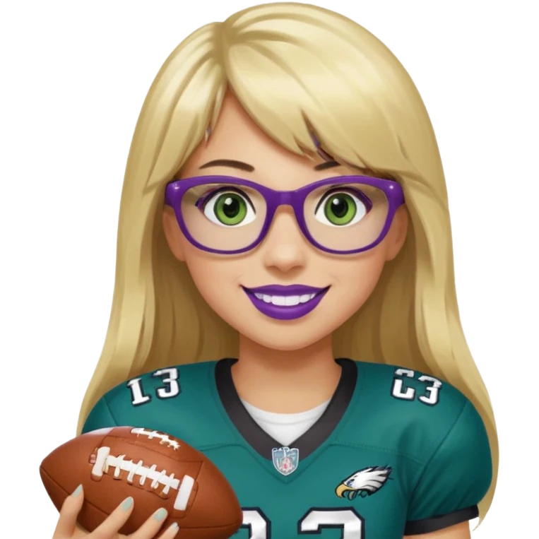 long blonde hair with bangs black rectangle glasses female green eyes football player wearing eagles uniform jersey number 33 holding football smiling purple lipstick emoji