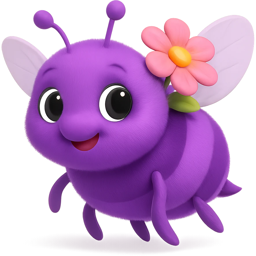 A 3D emoji of a purple bee, in a three-quarter view, with a curious expression, soft shadows, a slightly tilted body, and a small flower on its back. emoji