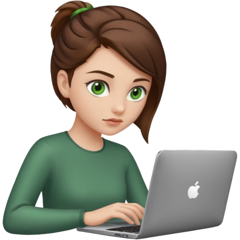 fată cu ochi verzi și păr șaten strâns în partea din spate a capului, lucrând pe un laptop emoji