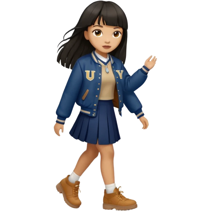 black color long hair with fringe, light skin long hair girl with brown varsity jacket,  navy long long skirt walking

 emoji