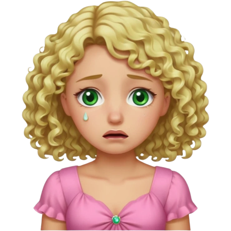 the girl is that criying she has green eyes and blond hair curly pink dress, emoji