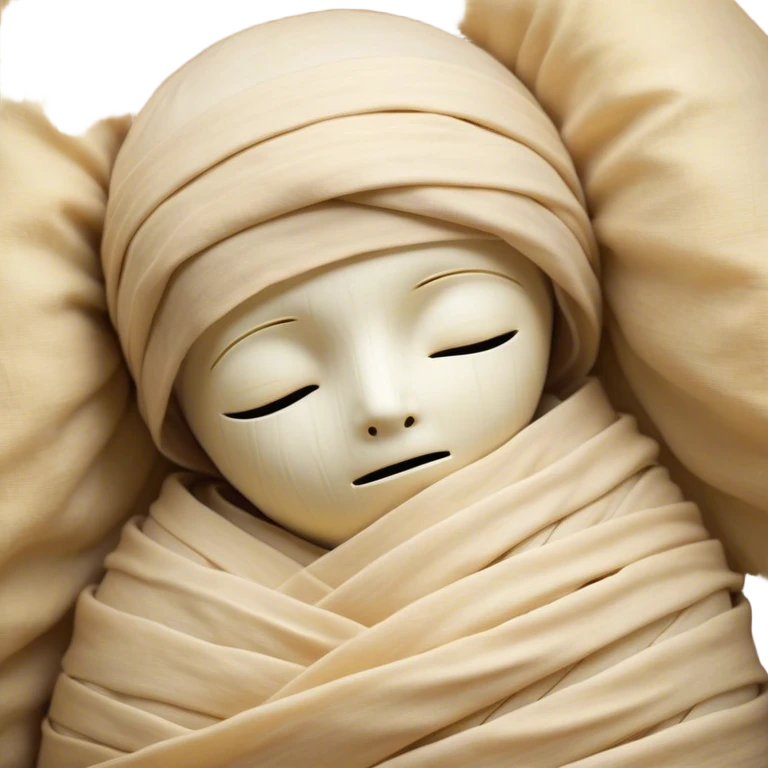 A snug, cozily wrapped mummy, fully encased in soft, slightly loose bandages, even its face gently hidden behind folds with only a tiny glimpse of sleepy eyes, nestled in warm, faded tones with gentle golden accents, simplified yet irresistibly charming, highly detailed with a soft glowing outline capturing the peaceful aura of an ancient being drifting into rest! emoji