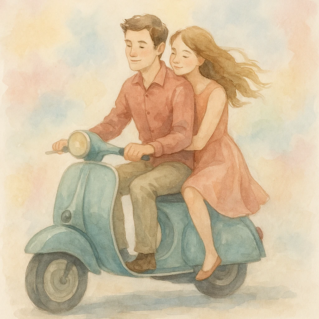 watercolour style, couple on a vintage scooter, pastel background, gentle brushstrokes emoji