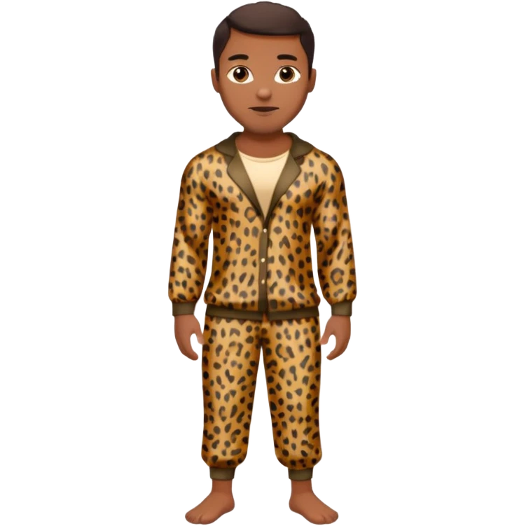Handsome Black guy with brown skin tone, with muscular build, wearing loose fitting leopard print pajamas and white slippers  emoji