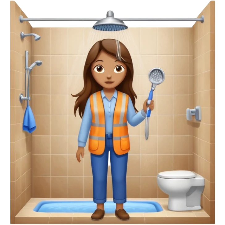 beautiful girl with long brown hair constructing new bathroom area with new shower and amenities  emoji