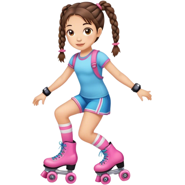 Cute girl, brunette with two braids, rollerskates emoji