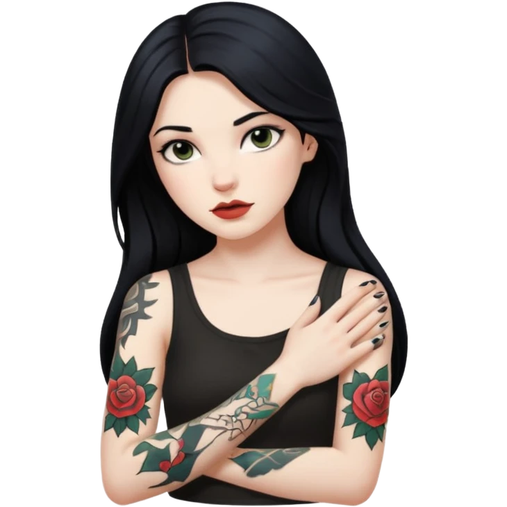 Hyperrealistic Pale girl with long black hair arm tattoos emoji