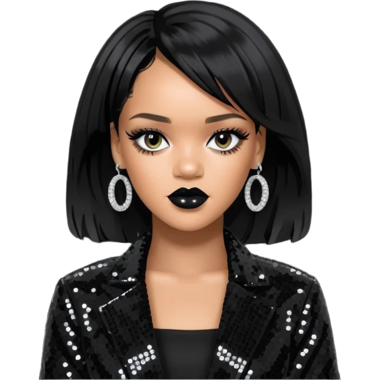 Rihanna with jet black hair, black sequin outfit emoji