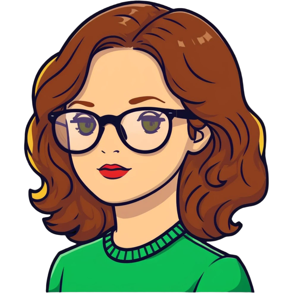 woman with pale skin, brown wavy hair, green eyes, gold glasses emoji
