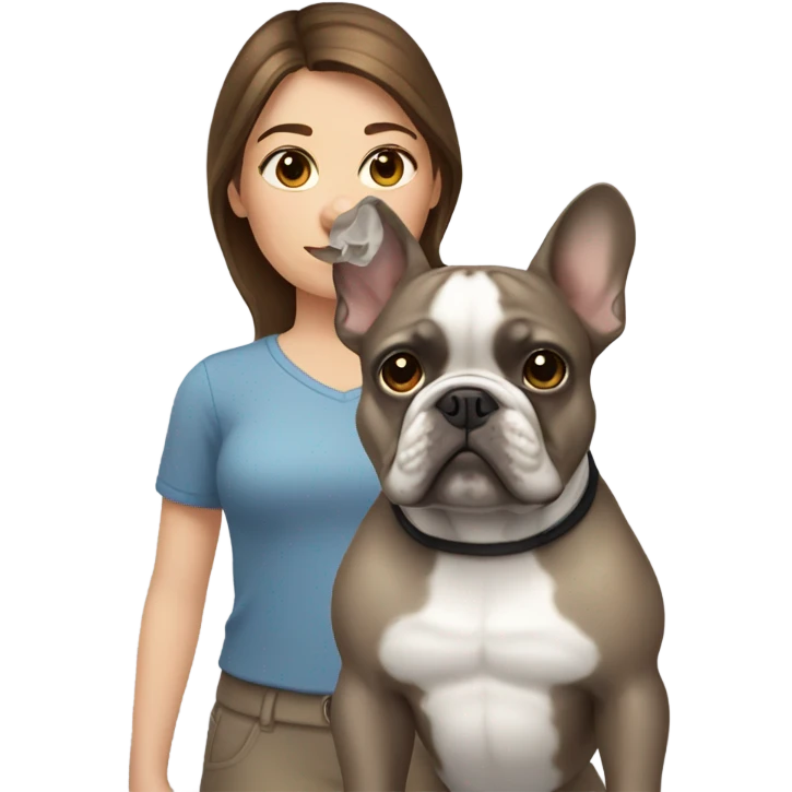 Brown hair Girl with gray French bulldog emoji