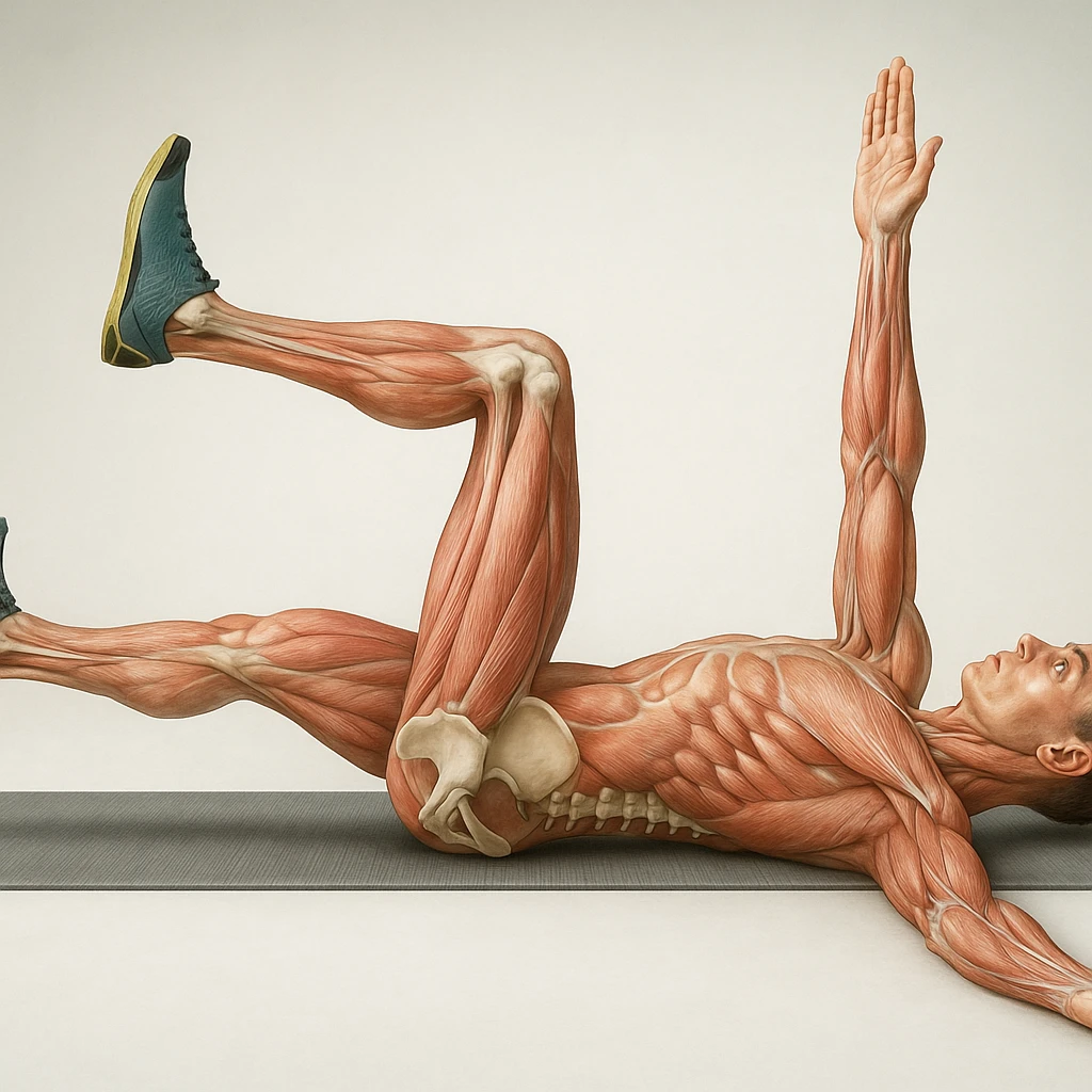 Edit the image of a man in dead bug position, side view, hyperrealistic anatomical 4K version: the arm on the ground is fully extended above the head, pelvis and spine bones visible, translucent muscles and skin, medical atmosphere, realistic anatomical details. Variant 3, slightly change the position of the head. emoji