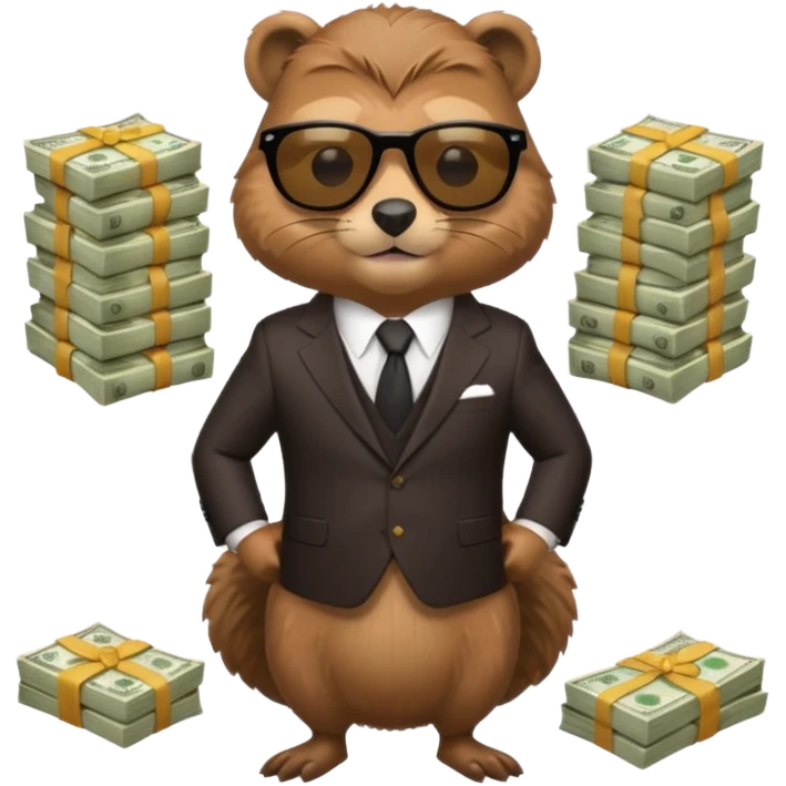 Beaver in suit wearing sunglasses surrounded by stacks if cash emoji