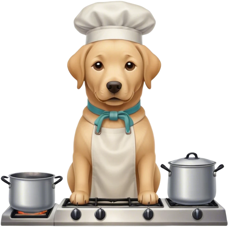 Handsome Labrador Retriever with apron standing over a hot stove with boiling pots  emoji