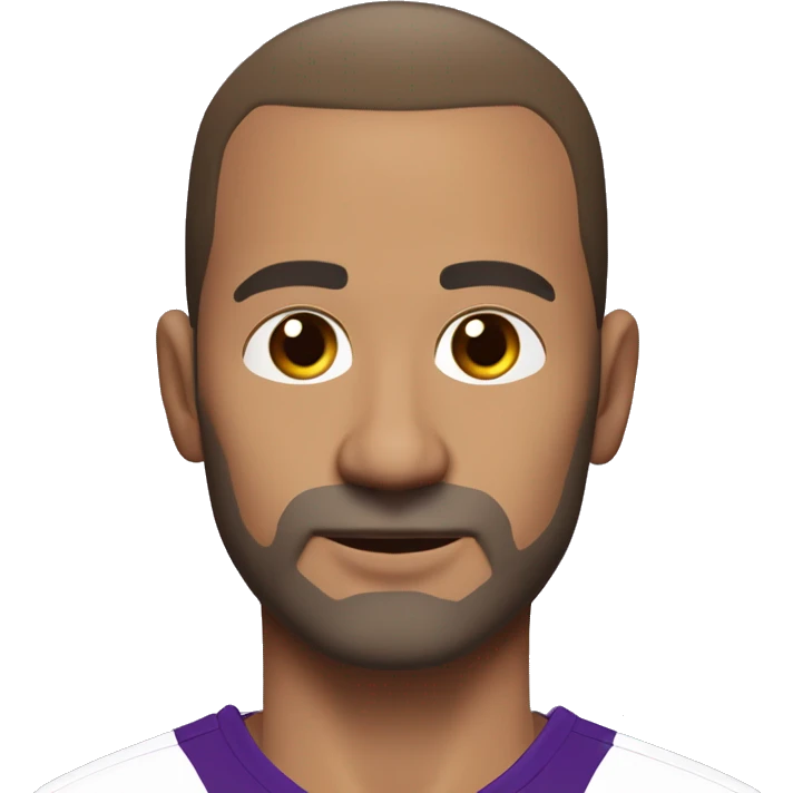 45-year-old man, slightly round face. very short hairs, almost shaved, a small central crest. hairline is slightly receding, sparse hair around the temples. brown eyes unshaven, small stubble beard. black and purple soccer jersey.  emoji