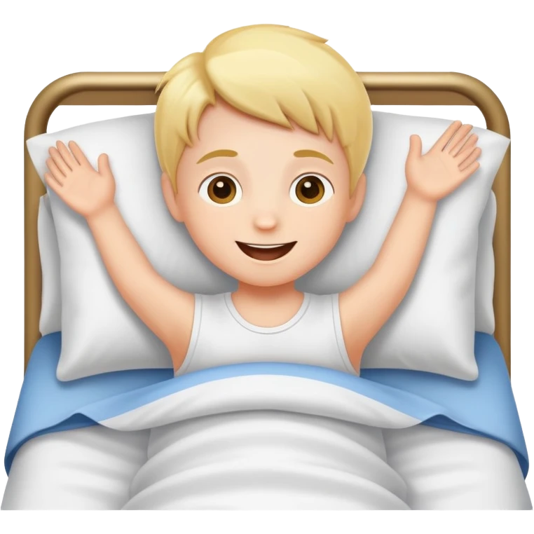 a child happily getting out of bed in the morning, bright and friendly emoji